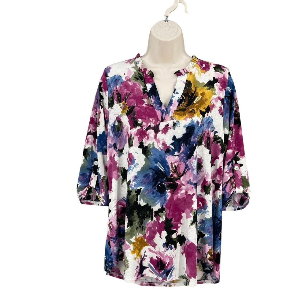Honeyme Feminine Shirt Women Boho Romantic Ruffle Colorful Floral Blouse Size S